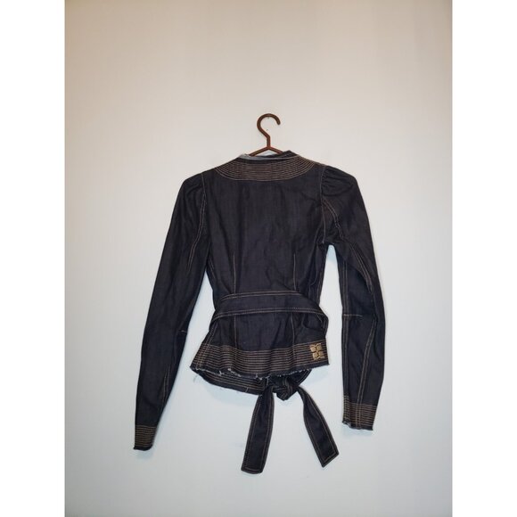 BCBGMAXAZRIA Women XS Jean Jacket Belted Open Front Denim Dark Blue Y2K Stitches - Picture 2 of 6